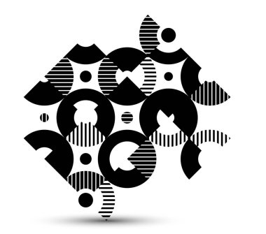 Soyut geometrik siyah ve beyaz vektör arkaplanı, daireli ve diğer şekilli modüler karo çizgili sanat, monokrom retro-artistik motif izole edilmiş.