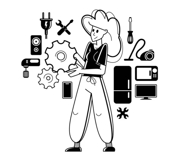 Technician Engineer Repairing Household Appliances Woman Repairer Service Vector Outline — Stock Vector