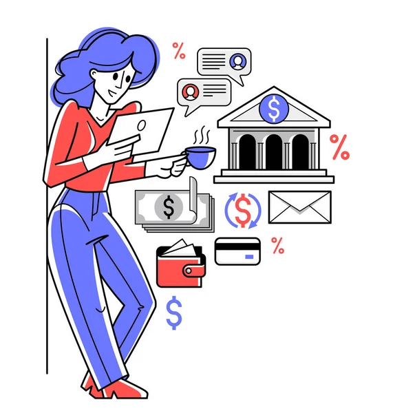 Online Banking Vector Outline Illustration Woman Manager Working Finances Customer — Stockvektor