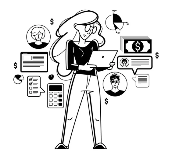 Biznes Kobieta Analizując Organizując Oferty Finansowe Online Wektor Zarys Ilustracji — Wektor stockowy