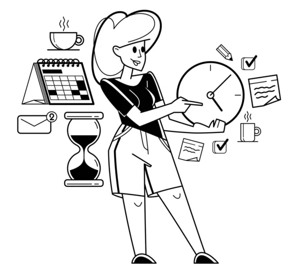 Business Worker Planning Tasks Create Time Management Vector Outline Illustration — Stock Vector