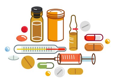 Büyük ilaç bileşimi vektör düz illüstrasyon izole, eczane ilaçları eczacı şişeleri ve haplar ve ampuller, sağlık hizmetleri ve iyileştirme teması tasarımı.