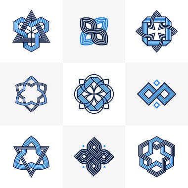 Logo oluşturma için grafik tasarım ögeleri, iç içe geçmiş çizgiler vintage biçim simgeleri koleksiyonu, soyut geometrik doğrusal semboller vektör kümesi.