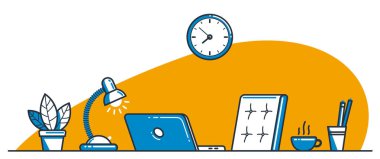 Çalışma masası düz çizimi beyaz, ofis ya da ev işi yeri vektör modern illüstrasyon, boş sandalye boş iş kavramı, rahat çalışma alanı.