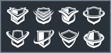 Set of different designs of shields for branding, ammo protection symbols collection, antivirus or sport theme, insurance or guarantee.