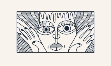 Soyut yüz vektör sanatı, yüz tasviri stilize sanatsal tarz, insan soyutlama sanatı, gerçeküstü ve tuhaf portre.