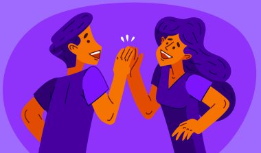 Birbirlerine beşer beşer veren genç adam ve kadın, mutlu bir arkadaş ya da çalışanın vektör çizimi takım arkadaşları başarılarını göstermek için el çırpıyorlar..