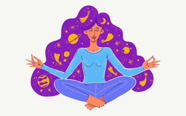 Meditasyon yapan genç bir kadın. Yoga pozisyonunda bir kızın vektör çizimi. Nilüfer çiçeği pozu..