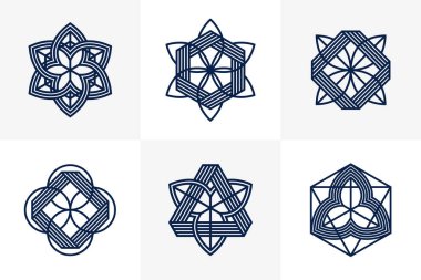 Soyut geometrik doğrusal semboller vektör seti, logo oluşturma için grafik tasarım unsurları, iç içe geçmiş çizgiler vintage biçim simgeleri koleksiyonu.
