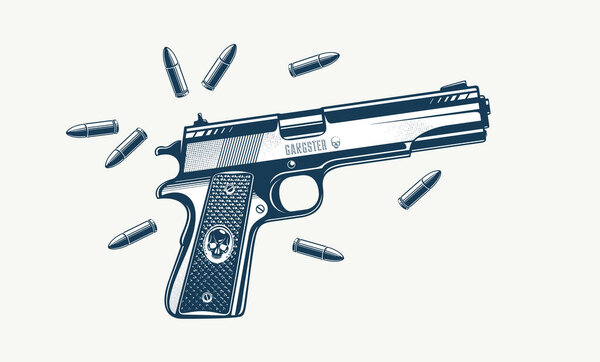 Detailed shotgun and bullets vector illustration in a classic graphic design style, beautiful gun drawing.