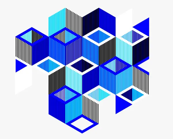 蓝色矢量抽象几何背景与立方体和不同的节奏形状 等距3D抽象艺术展示城市建筑的形式看起来像 行动艺术 — 图库矢量图片
