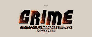 Logo ve posterler için yarı tonlu fütürist siber punk yazı tipi, vektör acımasız endüstriyel yazı tipi alfabe harfleri ve numaraları, kentsel teknolojik gelecek tipografisi, italik versiyonu.