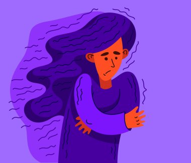 Psikolojik stres ya da kaygı sorunu olan genç bir kadın. Stresli bir kızın akli dengesi bozuk ya da yorgun olduğunu gösteren vektör çizimi..