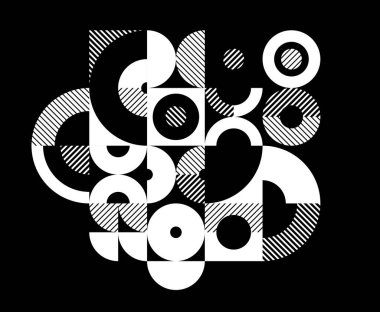 Soyut geometrik siyah ve beyaz vektör arkaplanı, daireler ve diğer şekillerle modüler karo çizim sanatı, karanlık üzerine tek renkli retro-artistik motif.