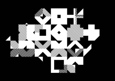 Soyut geometrik siyah ve beyaz vektör arkaplanı, daireler ve diğer şekillerle modüler karo çizim sanatı, karanlık üzerine tek renkli retro-artistik motif.