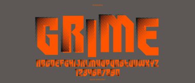 Logo ve posterler için fütürist siber punk yazı tipi, vektör acımasız sanayi tipi alfabe harfleri ve rakamları, şehir teknolojisi gelecek tipografisi..