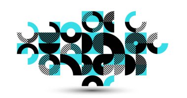 Geometrik arkaplan bileşimi, vektör geometrik soyut çizgili desen, daireli ve üçgenli modüler fayanslar, trend grafik sanat bileşimi.