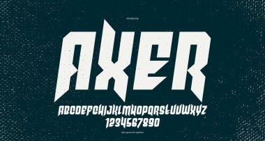 Manşetler için keskin ve cesur gotik yazı tipi, kenarlı geometrik modern vektör yazı tipi, heavy metal ve hard rock tarzı alfabe numaraları, italik versiyonu.