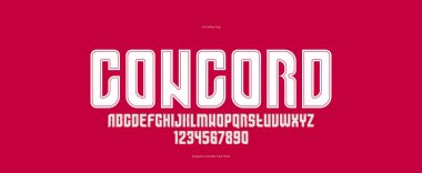 Logo başlıkları veya sloganlar için basit, kalın ve güzel geometrik yazı karakteri, sayıların, posterlerin ve reklamların yer aldığı büyük harfler, kalın ve güzel geometrik yazı karakteri, cesur basit sade yazı tipi..