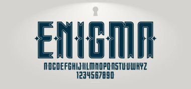 Amblem ve logolar için klasik mistik ve gizli yazı tipi, başlıklar ve sloganlar için eski antik ekran yazı tipi, poster tipografi alfabesi harfleri ve sayılar.