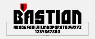 Logolar ve amblemler için kentsel devasa geometrik yazı tipi, asgari güçlü vektör yazı tipi, yuvarlak elemanları olmayan tipografi, sadece köşeler ve düz çizgiler geometri.