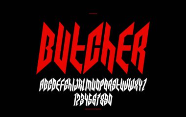 Keskin ve kalın italik vektör yazı tipi logo, gotik veya ağır metal tarzı modern yazı tipi, keskin sert rock harfleri ve başlıklar veya sloganlar için rakamlar alfabesi, ağır tipografi.