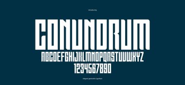 Logo başlıkları veya sloganlar, vektör kalın ve ağır geometrik yazı karakteri, sayıların, posterlerin ve reklamların yer aldığı büyük harf alfabesi için cesur sade sade serif yazı tipi.