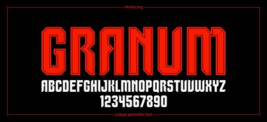 Logolar ve amblemler için kentsel devasa geometrik yazı tipi, asgari güçlü vektör yazı tipi, yuvarlak elemanları olmayan tipografi, sadece köşeler ve düz çizgiler geometri.