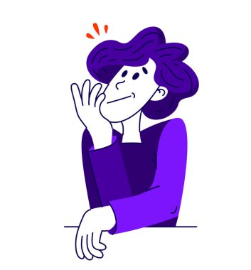 Genç adam bazı sorunları düşünüyor ve çözüyordu. Şüpheleri ve fikirleri olan bir adamın vektör çizimi. Analiz ya da hayal kurma..