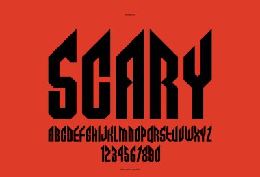 Keskin ve kalın vektör logolar, gotik veya ağır metal tarzı modern uzun yazı tipi, keskin sert rock harfleri ve başlıklar veya sloganlar için rakamlar alfabesi, ağır tipografi için yoğunlaştırılmış yazı tipi.