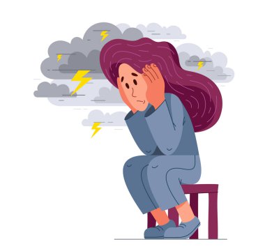 Psikolojik stres ya da kaygı sorunu olan genç bir kadın. Stresli bir kızın akli dengesi bozuk ya da yorgun olduğunu gösteren vektör çizimi..