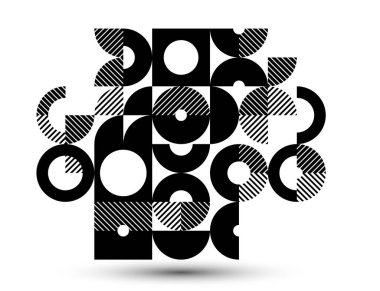 Geometrik soyut siyah ve beyaz sanat, dairelerin ve diğer şekillerin fayanslarıyla vektör geometrik arkaplan, çizgili doku modernizm tarzı doğrusal motif, yaratıcı tasarım.