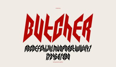 Keskin ve kalın vektör logo, gotik veya ağır metal tarzı modern yazı tipi, keskin sert rock harfleri ve başlıklar veya sloganlar için rakamlar alfabesi, ağır tipografi için italik yazı tipi.