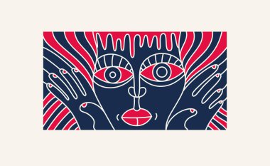 Soyut yüz vektör sanatı, yüz tasviri stilize sanatsal tarz, insan soyutlama sanatı, gerçeküstü ve tuhaf portre.