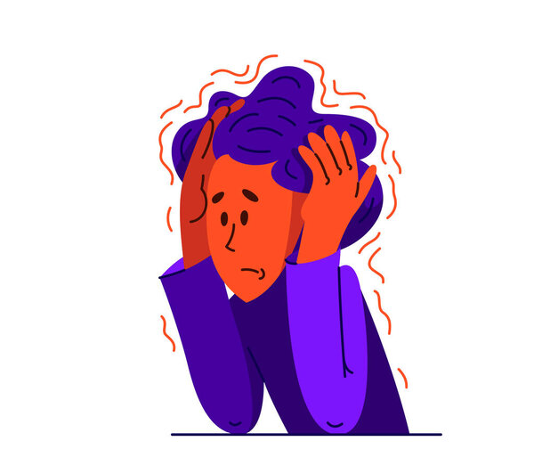 Молодой человек чувствует стресс и неудобство, векторная иллюстрация человека, страдающего психическими расстройствами паника и тревога, психологические проблемы.