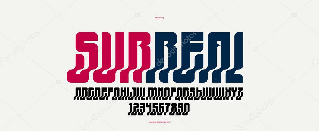 Bended and deformed display font for logos and posters, vector distorted and twisted typeface for headlines and advertising, logotype cool typography.