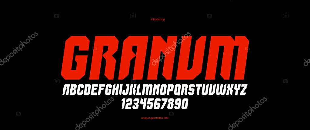 Bold and massive heavy geometric font for logo creation, modern geometrical vector display typeface, typography with no round elements, only corners and straight lines geometry, italic version.