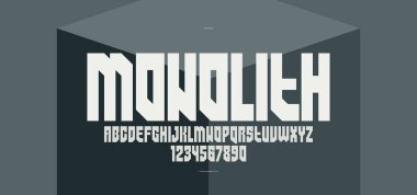 Logolar ve amblemler için geometrik kalın ve güçlü vektör yazı tipi, posterler ve reklamlar için ağır harfler, büyük vahşi ve kentsel harflerle yazı karakteri.