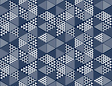 Küpler, eşkenar dörtgenler, üçgenler ve noktalar ile üç boyutlu geometrik desen vektör arkaplan, mimari ve inşaat, duvar kağıdı tasarımı.