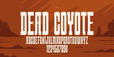 Logo oluşturulması için kalın uzun vektör geometrik yazı tipi, posterler ve manşetler için Vahşi Batı Amerika tarzı yoğunlaştırılmış yazı tipi, salon ya da batı daktilosu gibi batı tipografisi.