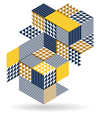 Siyah ve sarı geometrik vektör küpler ve şekillerle soyut arka plan, şehir binalarının şekillerini gösteren izometrik üç boyutlu soyutlama sanatı, op sanat optik illüzyonu gibi görünüyor.