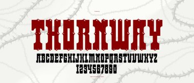 Blackthorn amblem ve logolar, başlıklar ve başlıklar için gotik yazı tipi, dikenli tipografi tehlike ve dehşeti, klasik artistik alfabe harfleri ve numaraları gösteriyor.