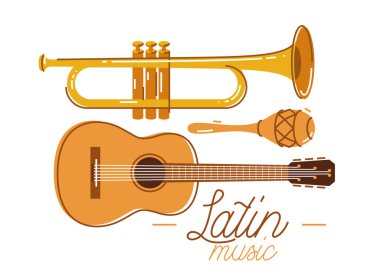 Latin müzik amblemi veya logo vektör düz çizim izole edilmiş, akustik gitar logoti kayıt veya stüdyo veya müzik grubu için.