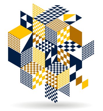 Siyah ve sarı geometrik vektör küpler ve şekillerle soyut arka plan, şehir binalarının şekillerini gösteren izometrik üç boyutlu soyutlama sanatı, op sanat optik illüzyonu gibi görünüyor.