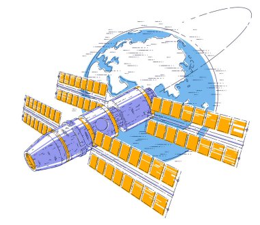 Dünya 'nın yörüngesinde dönen uzay istasyonu, uzay aracı, güneş panelleri ve yapay uyduları olan uzay gemisi. İnce çizgi 3d vektör çizimi.