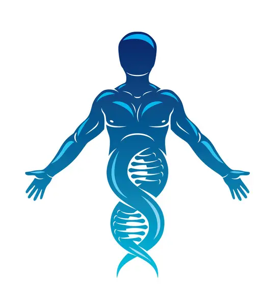 Vector Illustration Human Athlete Depicted Dna Strands Continuation Molecular Biotechnology — Stock Vector