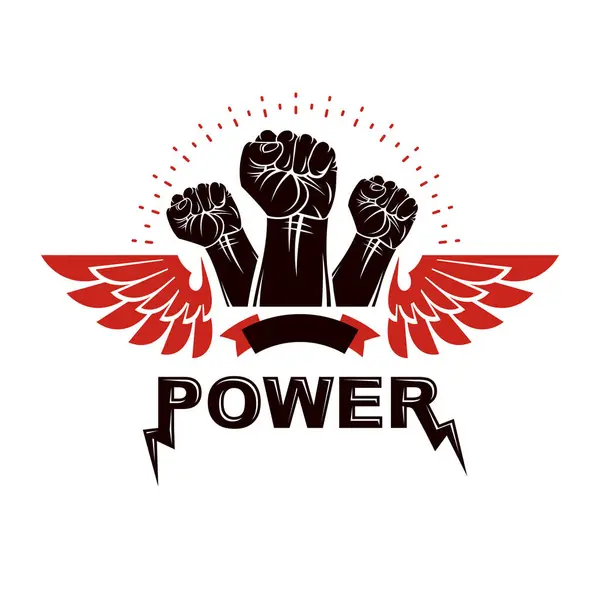 Winged Clenched Fists Angry People Vector Emblem People Demonstration Fighting — Stock Vector