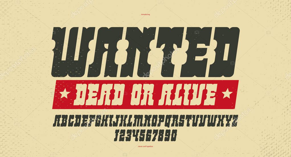 Massive serif italic font in American style, wild west saloon and western vector typography for logos, bold typeface in vintage America style, display font for posters and headlines.