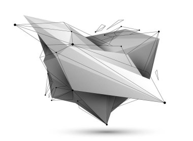 Çokgen biçim vektör soyut tasarım, modern fütüristik şekil yapay zeka sinir ağı konsepti, dinamik teknoloji soyutlama teması, geometrik sanat.