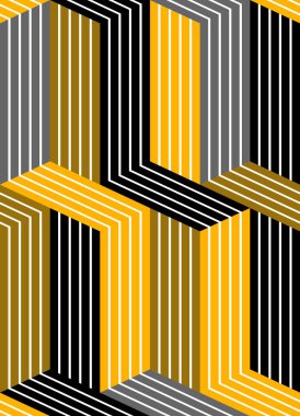 3D boyutsal çizgili küpsüz desen, çizgiler ve kutular ile geometrik sonsuz doku, mimari tema, siyah ve sarı grafik tasarım arkaplan resmi.